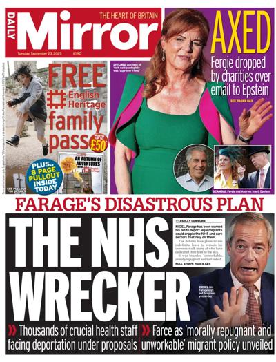 Daily Mirror Newspaper Front Page (UK) for 23 September 2025