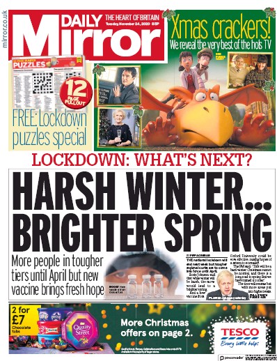 Daily Mirror Newspaper Front Page (UK) for 24 November 2020