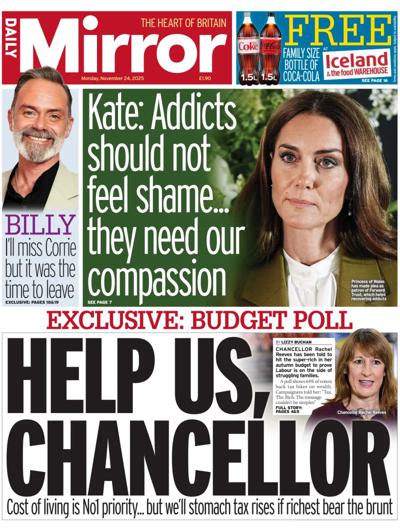 Daily Mirror Newspaper Front Page (UK) for 24 November 2025