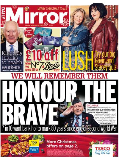 Daily Mirror Newspaper Front Page (UK) for 24 December 2024