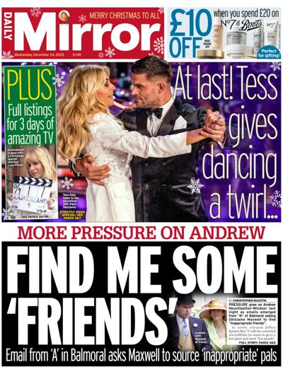 Daily Mirror Newspaper Front Page (UK) for 24 December 2025
