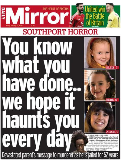 Daily Mirror Newspaper Front Page (UK) for 24 January 2025