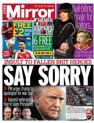 Daily Mirror Newspaper Front Page (UK) for 24 January 2026