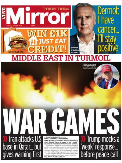 Daily Mirror Newspaper Front Page (UK) for 24 June 2025