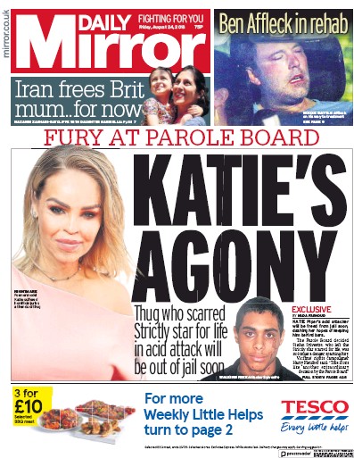 Daily Mirror Newspaper Front Page (UK) for 24 August 2018