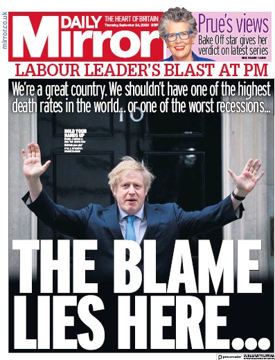 Daily Mirror Newspaper Front Page (UK) for 24 September 2020