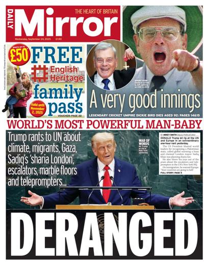 Daily Mirror Newspaper Front Page (UK) for 24 September 2025