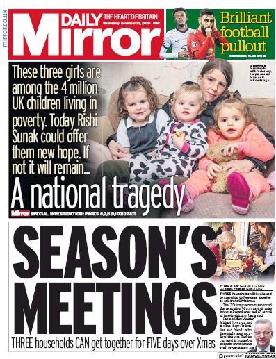 Daily Mirror Newspaper Front Page (UK) for 25 November 2020