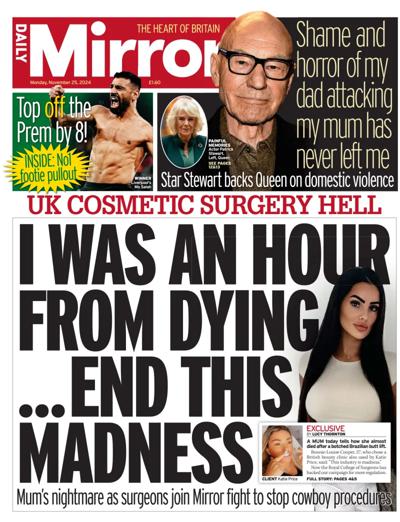 Daily Mirror Newspaper Front Page (UK) for 25 November 2024