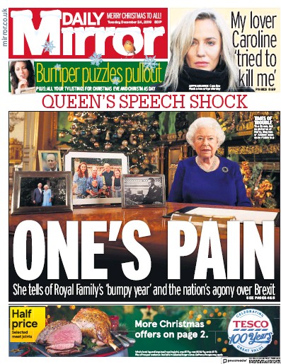 Daily Mirror Newspaper Front Page (UK) for 25 December 2019