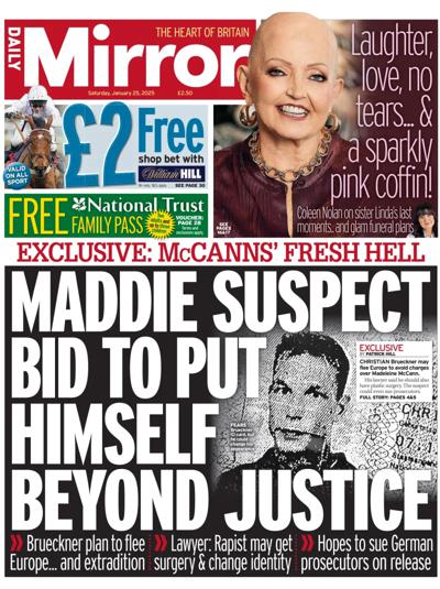 Daily Mirror Newspaper Front Page (UK) for 25 January 2025