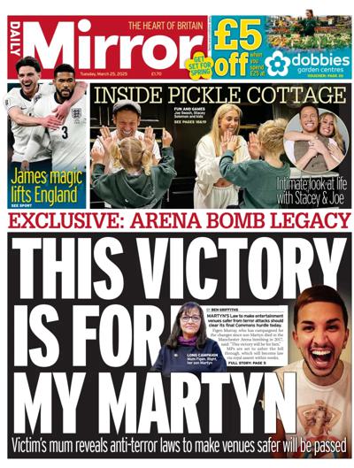 Daily Mirror Newspaper Front Page (UK) for 25 March 2025