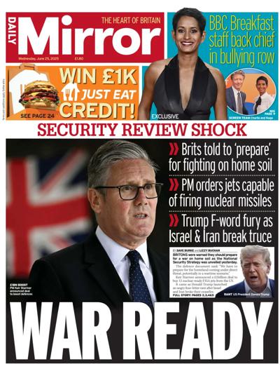 Daily Mirror Newspaper Front Page (UK) for 25 June 2025