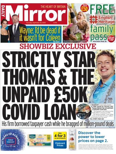 Daily Mirror Newspaper Front Page (UK) for 25 September 2025