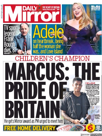 Daily Mirror Newspaper Front Page (UK) for 26 October 2020