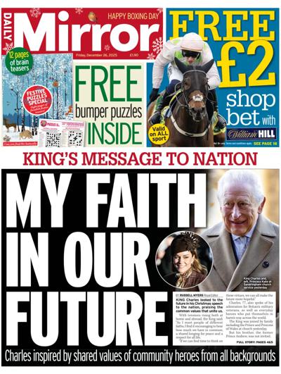 Daily Mirror Newspaper Front Page (UK) for 26 December 2025