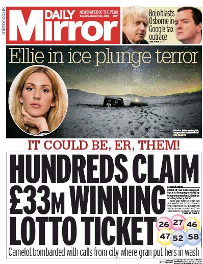 Daily Mirror Newspaper Front Page (UK) for 26 January 2016