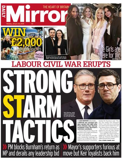 Daily Mirror Newspaper Front Page (UK) for 26 January 2026