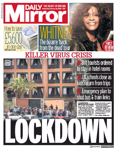 Daily Mirror Newspaper Front Page (UK) for 26 February 2020