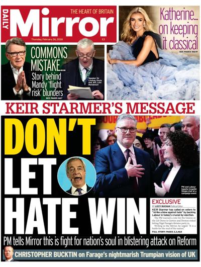 Daily Mirror Newspaper Front Page (UK) for 26 February 2026