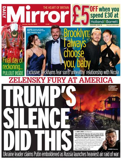 Daily Mirror Newspaper Front Page (UK) for 26 May 2025