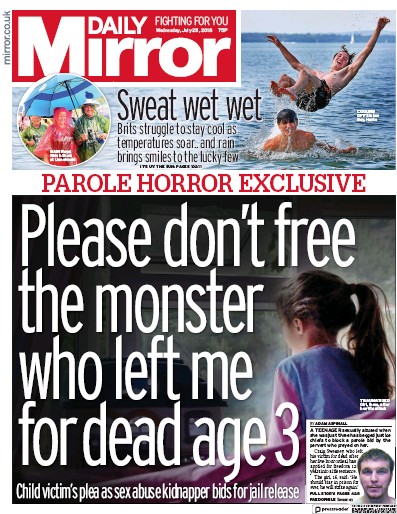 Daily Mirror Newspaper Front Page (UK) for 26 July 2018