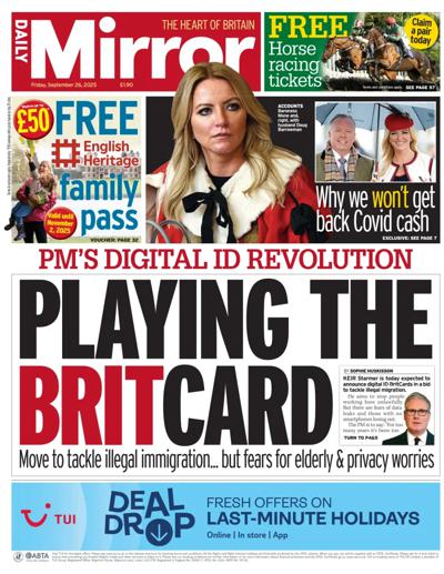 Daily Mirror Newspaper Front Page (UK) for 26 September 2025