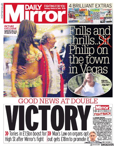 Daily Mirror Newspaper Front Page (UK) for 27 October 2018