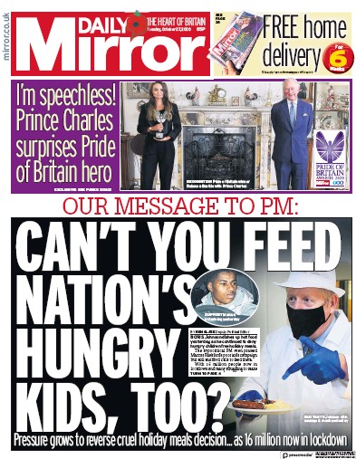 Daily Mirror Newspaper Front Page (UK) for 27 October 2020