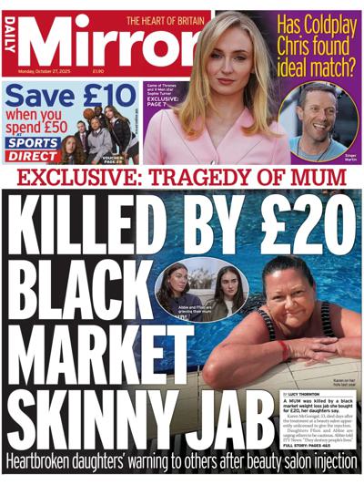 Daily Mirror Newspaper Front Page (UK) for 27 October 2025