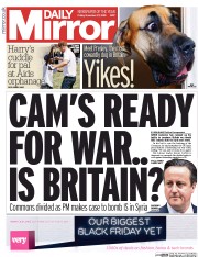 Daily Mirror (UK) Newspaper Front Page for 27 November 2015