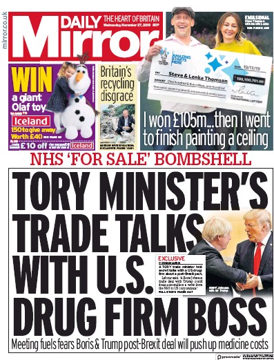 Daily Mirror Newspaper Front Page (UK) for 27 November 2019