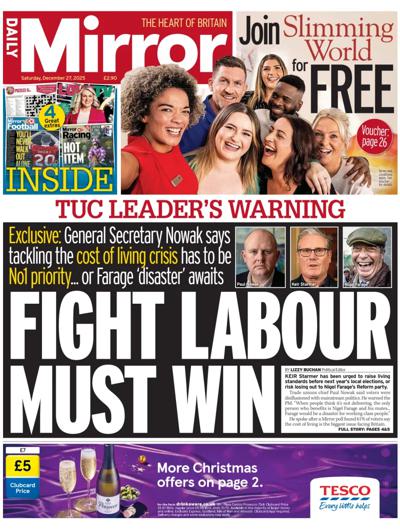 Daily Mirror Newspaper Front Page (UK) for 27 December 2025