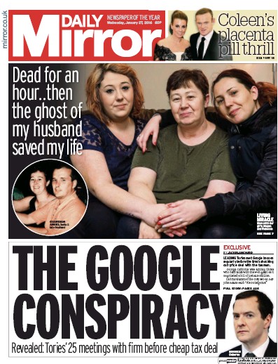 Daily Mirror Newspaper Front Page (UK) for 27 January 2016