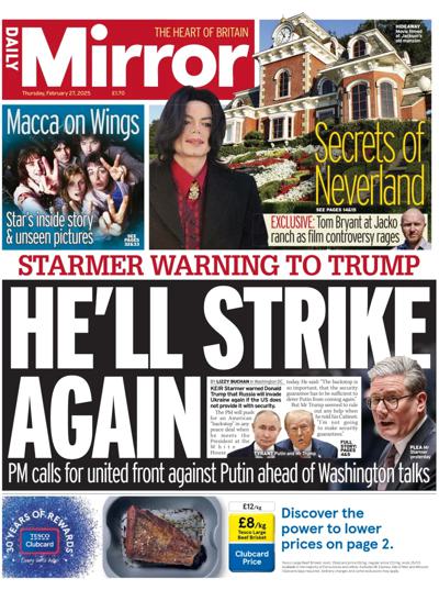 Daily Mirror Newspaper Front Page (UK) for 27 February 2025