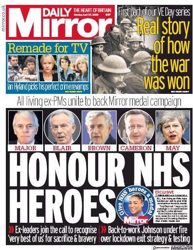 Daily Mirror Newspaper Front Page (UK) for 27 April 2020