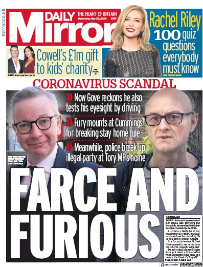 Daily Mirror Newspaper Front Page (UK) for 27 May 2020