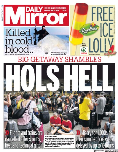 Daily Mirror Newspaper Front Page (UK) for 27 July 2019