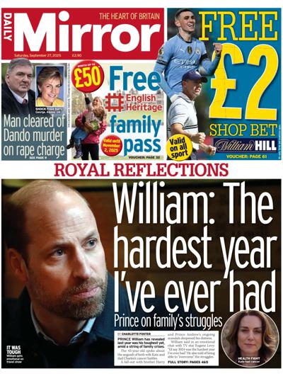 Daily Mirror Newspaper Front Page (UK) for 27 September 2025