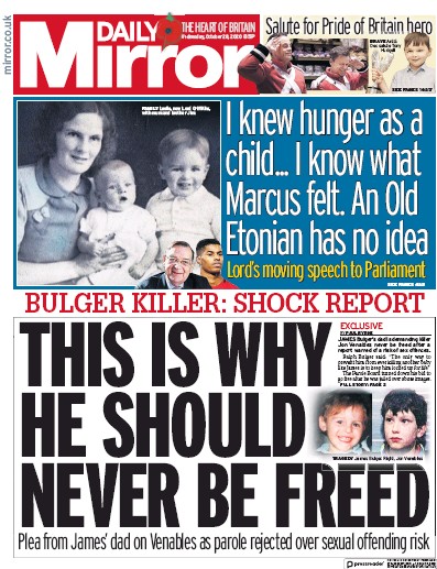 Daily Mirror Newspaper Front Page (UK) for 28 October 2020