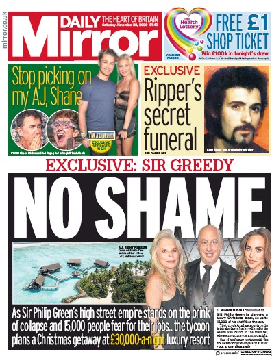 Daily Mirror Newspaper Front Page (UK) for 28 November 2020