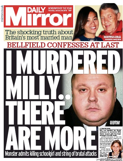 Daily Mirror Newspaper Front Page (UK) for 28 January 2016