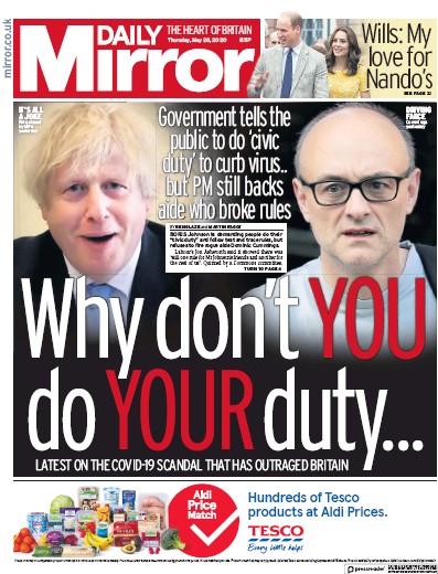 Daily Mirror Newspaper Front Page (UK) for 28 May 2020