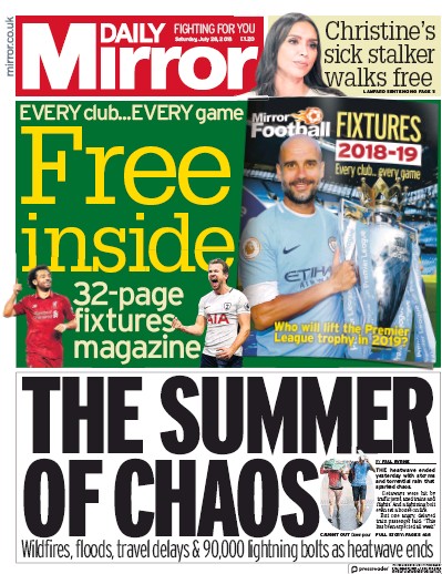 Daily Mirror Newspaper Front Page (UK) for 28 July 2018