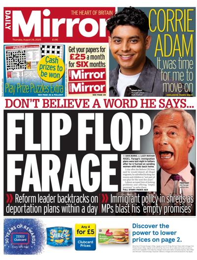 Daily Mirror Newspaper Front Page (UK) for 28 August 2025