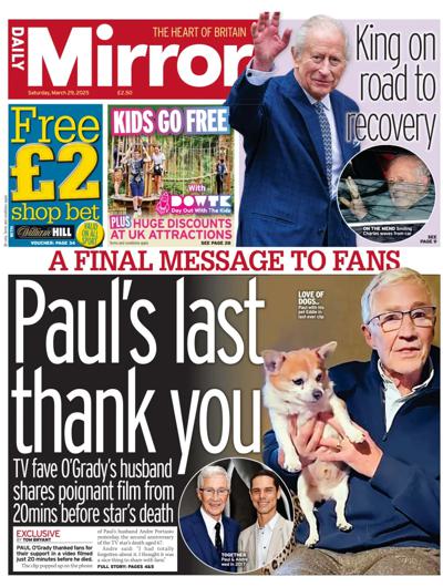 Daily Mirror Newspaper Front Page (UK) for 29 March 2025
