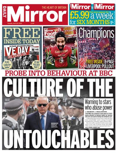 Daily Mirror Newspaper Front Page (UK) for 29 April 2025