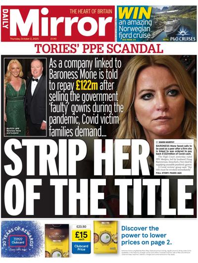 Daily Mirror Newspaper Front Page (UK) for 2 October 2025