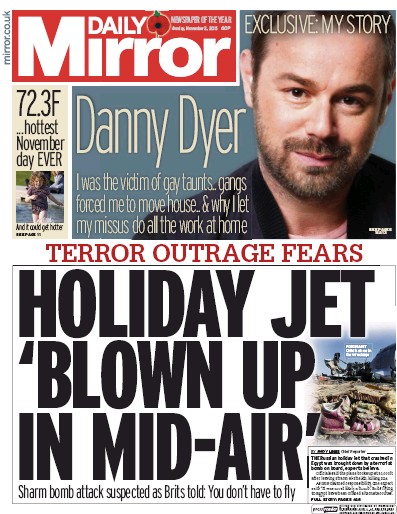 Daily Mirror Newspaper Front Page (UK) for 2 November 2015