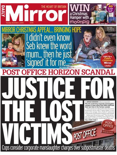 Daily Mirror Newspaper Front Page (UK) for 2 December 2025